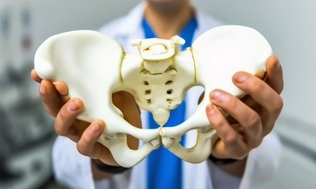 A doctor holding an anatomical model of a male pelvis