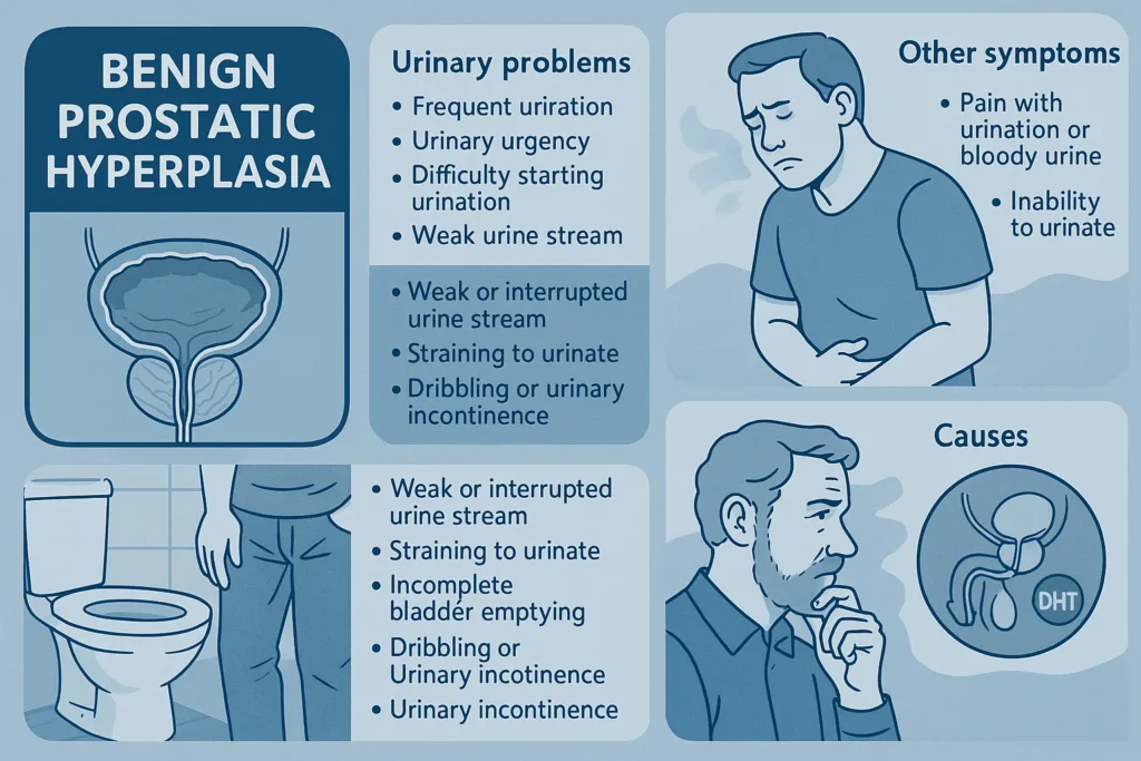 collage of benign Prostatic Hyperplasia, symptoms, and causes with text (as described in our symptons)