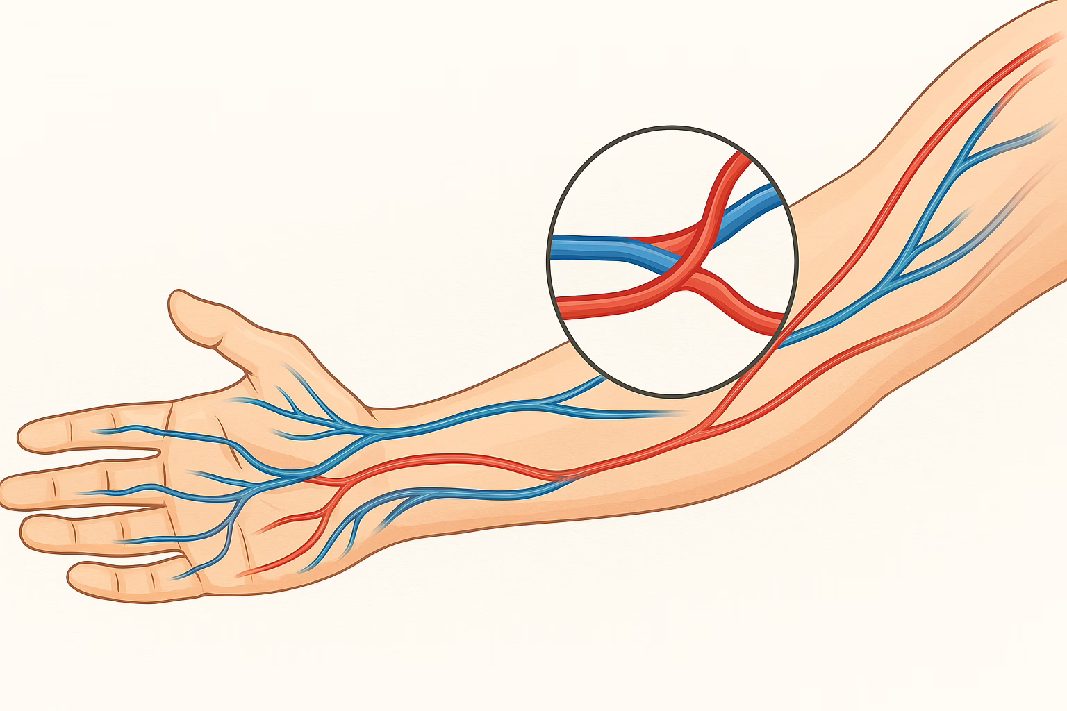a detailed anatomical view of an extended arm showing veins and arteries, with a subtle highlight of an arteriovenous fistula access point.